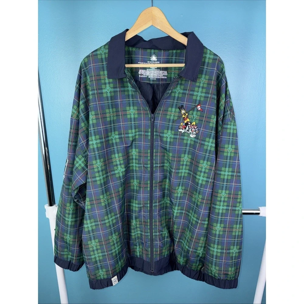 Disney‎ Store Full Zip Golf Jacket Size XXL Pluto Mickey Green Plaid Disney Golf